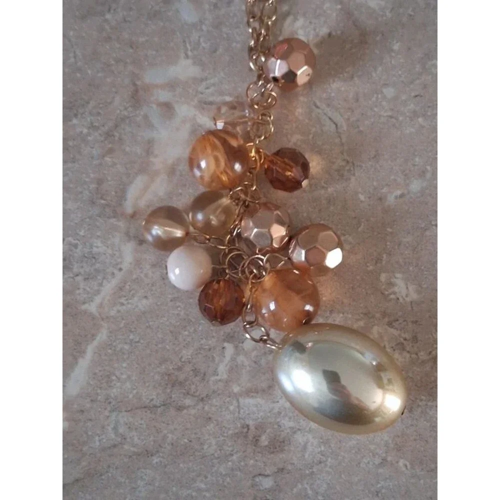 Gold Tone Orange Assorted Beads Cluster Pendant Y-Drop Lariat Statement Necklace